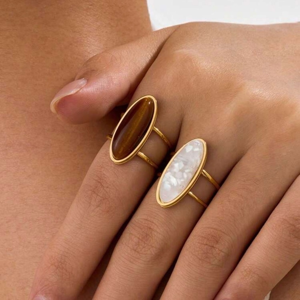 Gold and White Oval Stone Ring Set